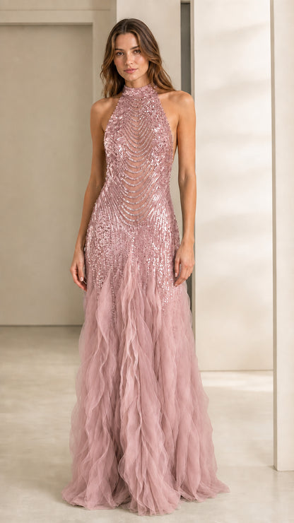 Front view of pink sequin halter evening dress