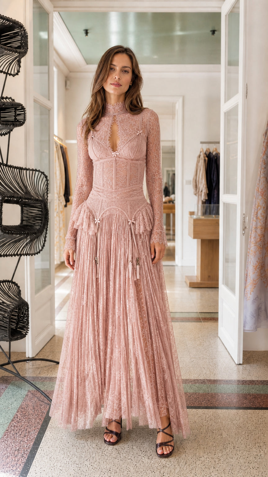 Front view of model wearing Pink lace maxi dress