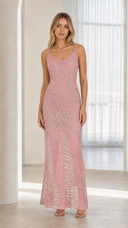 Model wearing pink sequin maxi dress