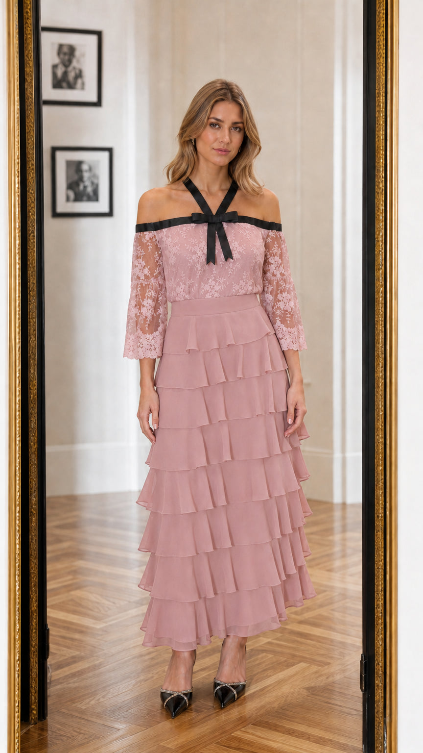 Front view of model wearing pink color variant