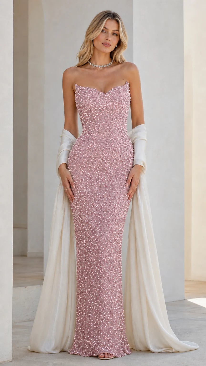 Front view of pink beaded strapless evening dress with draped wrap