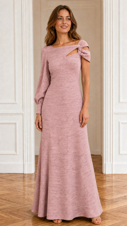 Front view of model wearing dusty rose formal maxi dress
