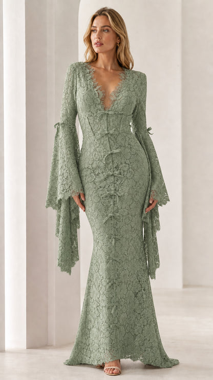 Model wearing sage green lace maxi dress