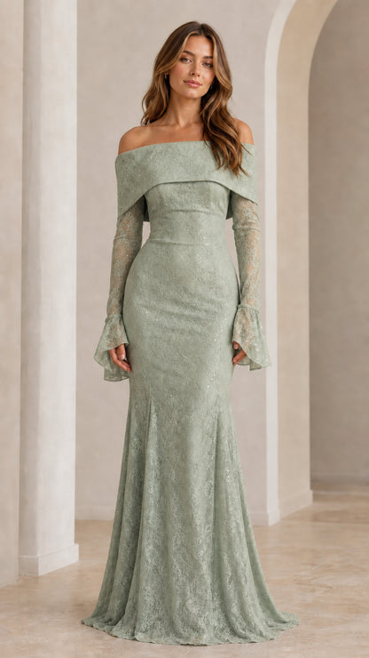 Front view of sage green off-shoulder formal lace dress