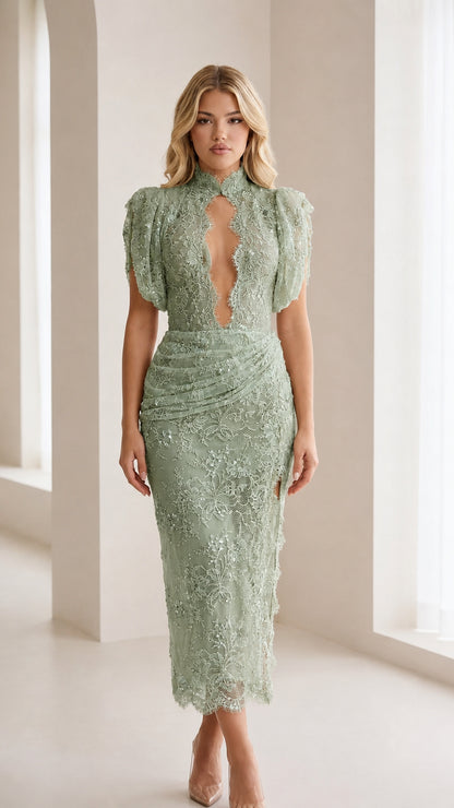 Model wearing sage green lace midi dress variant