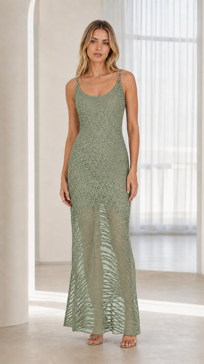 Model wearing sage sequin maxi dress