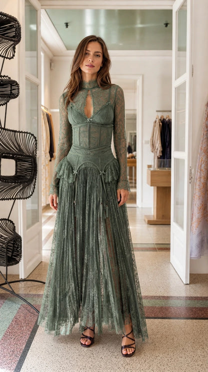 Front view of model wearing Sage Green lace maxi dress