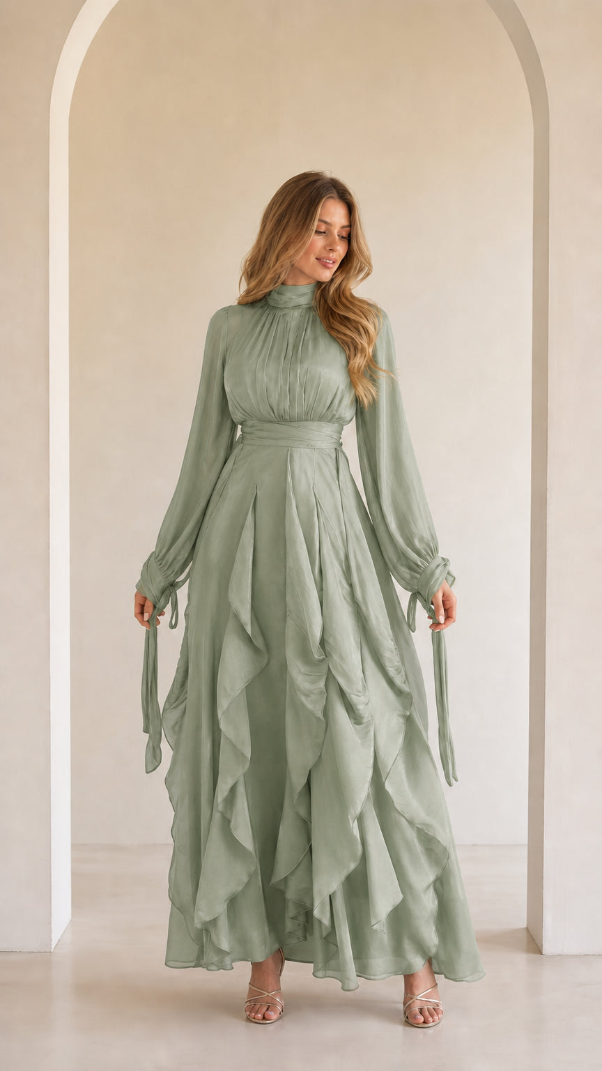 Ethereal Long-Sleeve Ruffle Maxi Dress in Sage Green