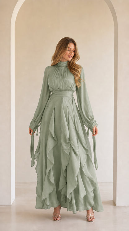 Ethereal Long-Sleeve Ruffle Maxi Dress in Sage Green