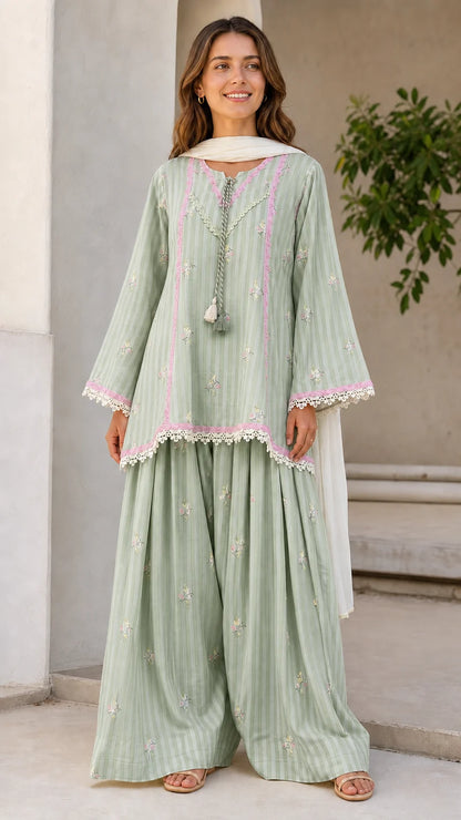 Front view of woman wearing sage green ethnic striped kurti and sharara set