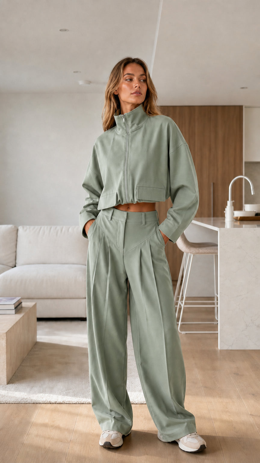 Front view of sage green matching set