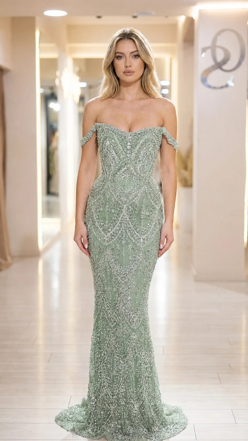 Front view of sage green variant beaded evening gown
