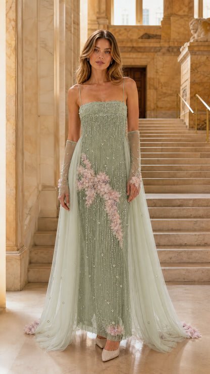 Sage green embellished floor-length evening gown with blush floral appliqué