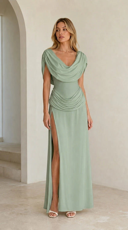 Front view of model wearing Sage green maxi dress