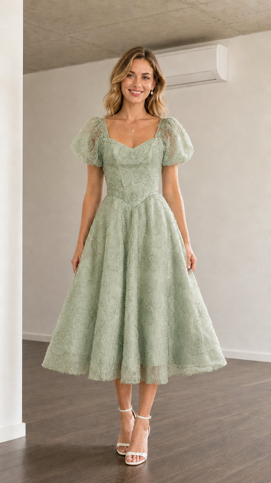 Front view of sage green puff sleeve midi dress