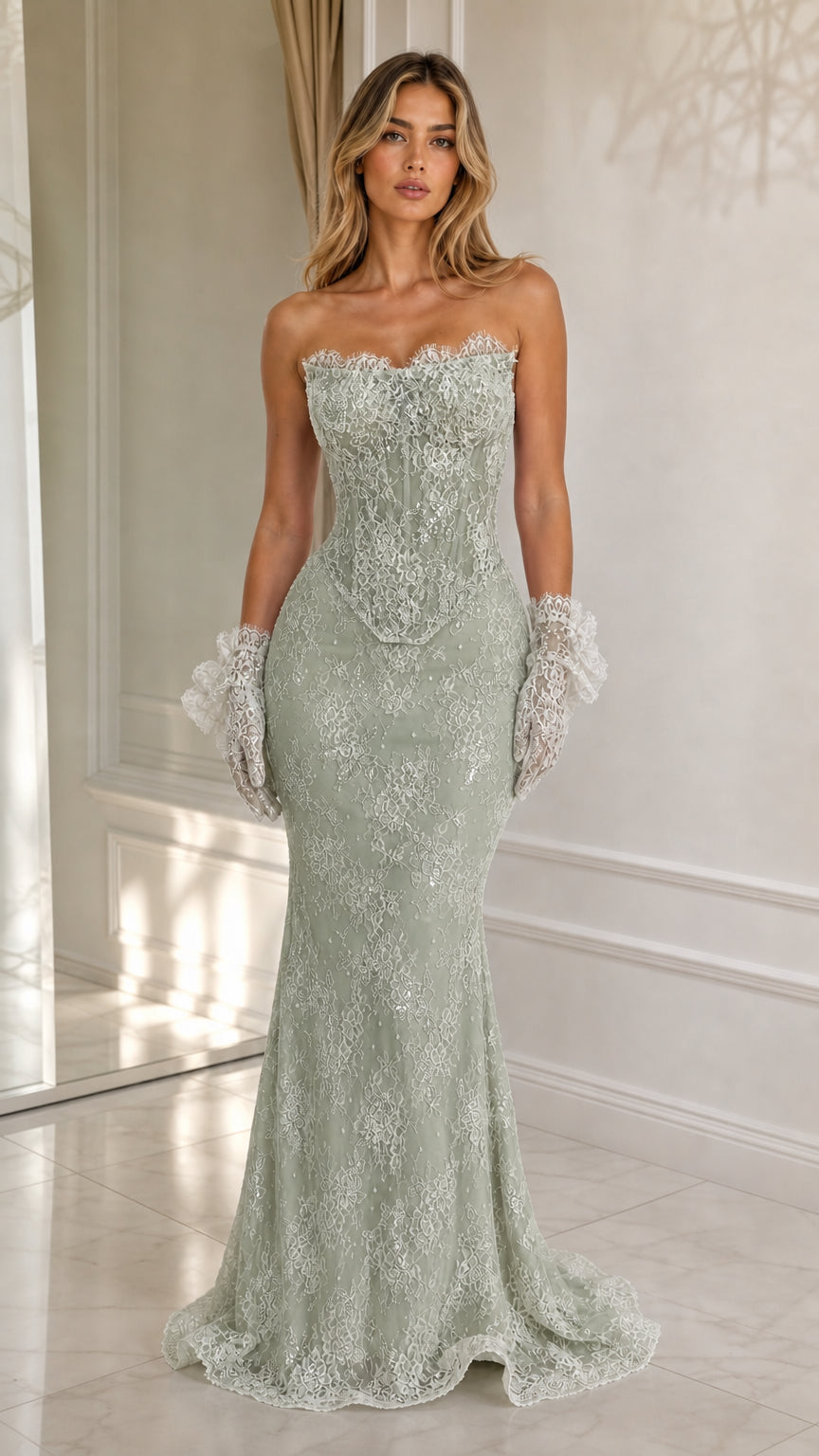 Sage green strapless lace mermaid evening gown with matching gloves