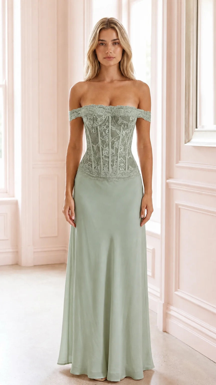 Front view of sage green off-shoulder lace corset evening dress