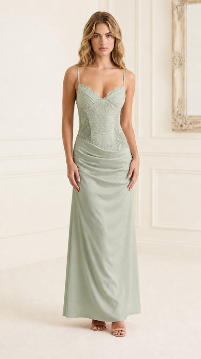 Front view of sage green lace paneled maxi dress