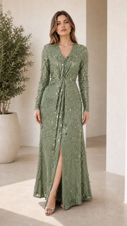 Front view of sage green sequin maxi dress