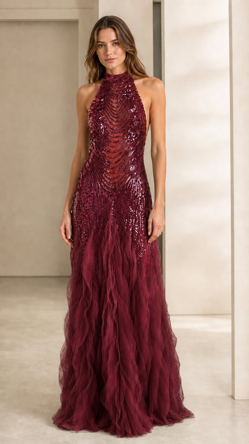 Front view of burgundy sequin halter evening dress