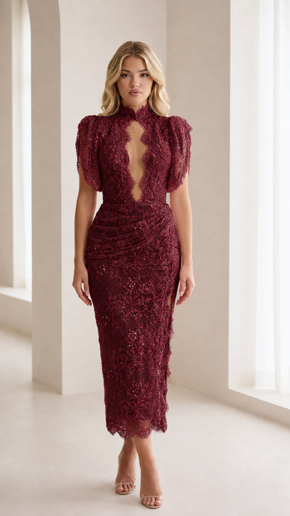 Model wearing burgundy lace midi dress variant
