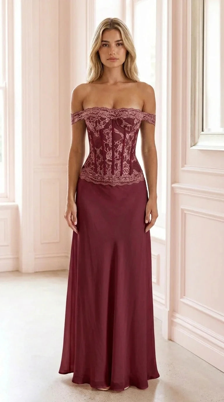 Front view of burgundy off-shoulder lace corset evening dress