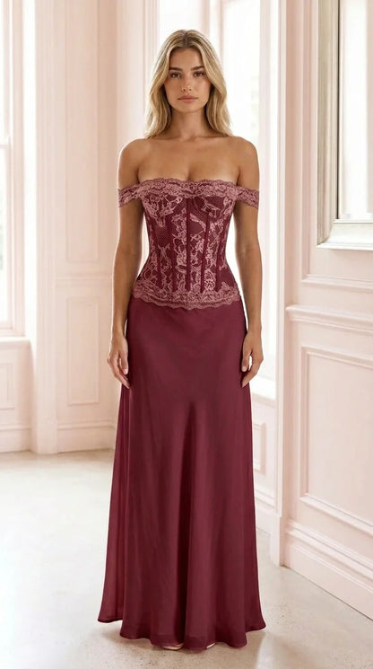 Front view of burgundy off-shoulder lace corset evening dress