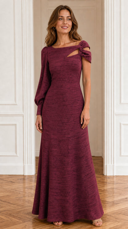 Front view of model wearing burgundy elegant maxi dress