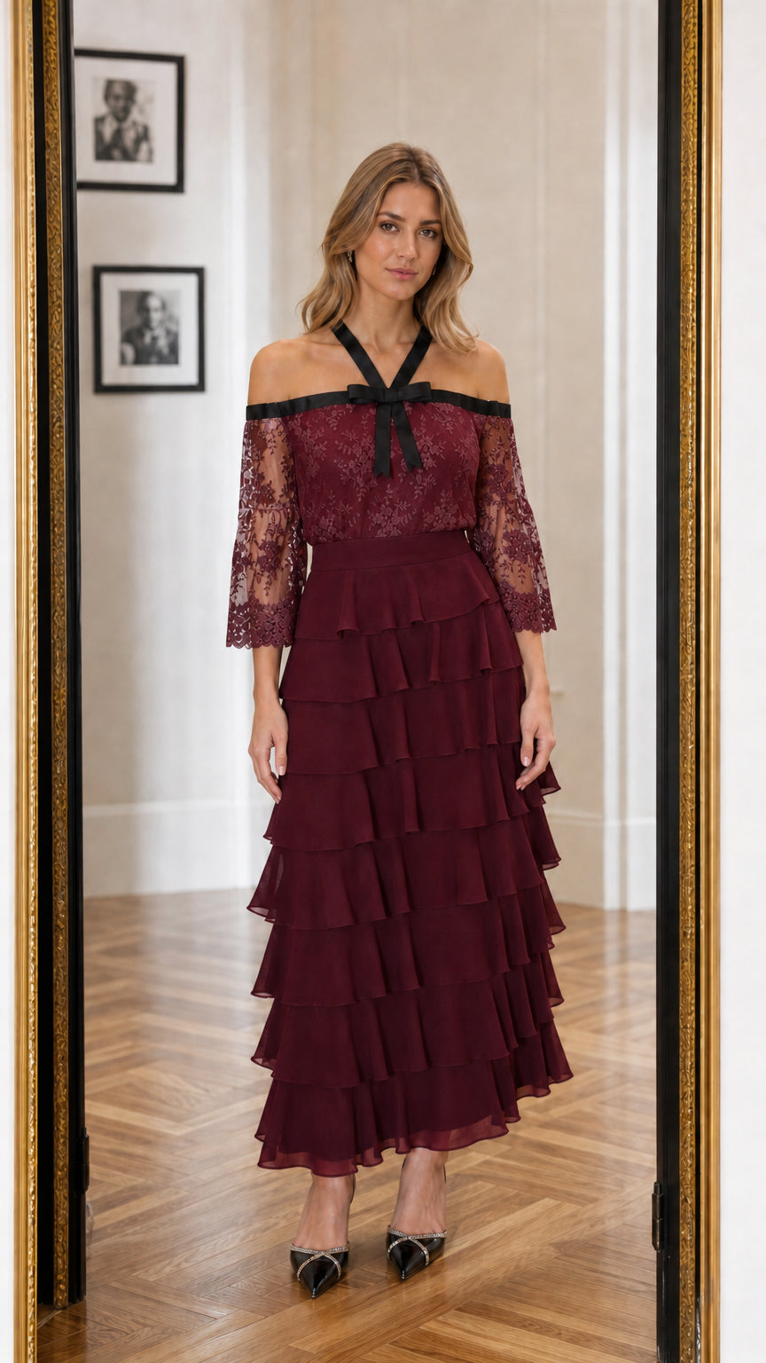 Front view of model wearing burgundy color variant