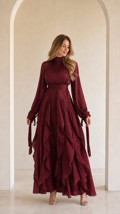 Ethereal Long-Sleeve Ruffle Maxi Dress in Burgundy