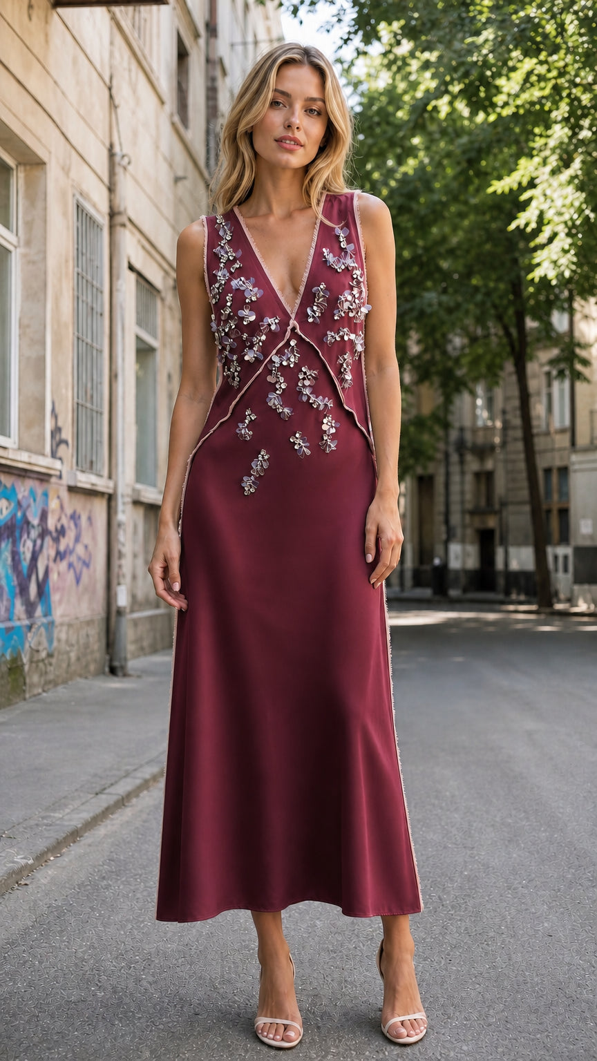 Front view of model wearing burgundy embellished midi slip dress