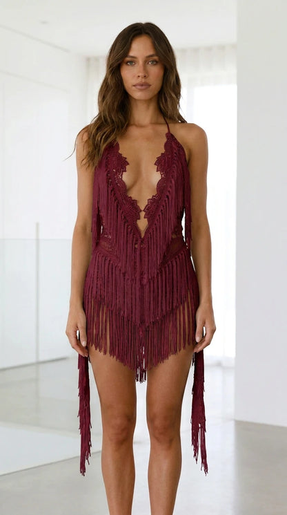 Front view of burgundy halter lace fringe dress