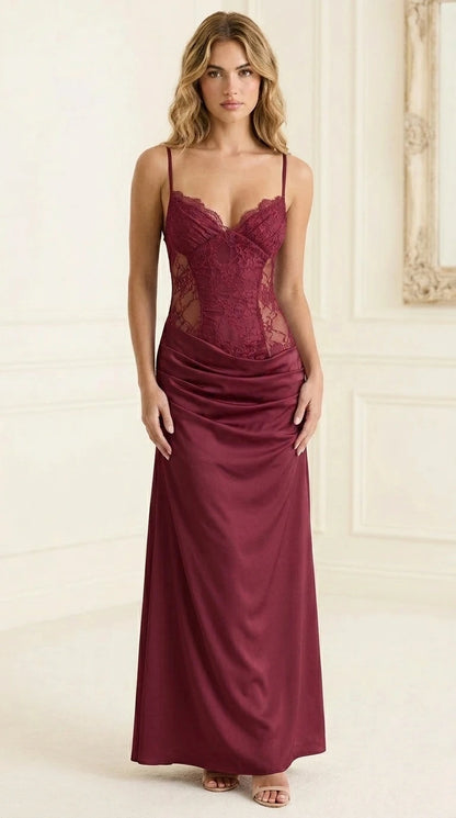 Front view of burgundy lace paneled maxi dress