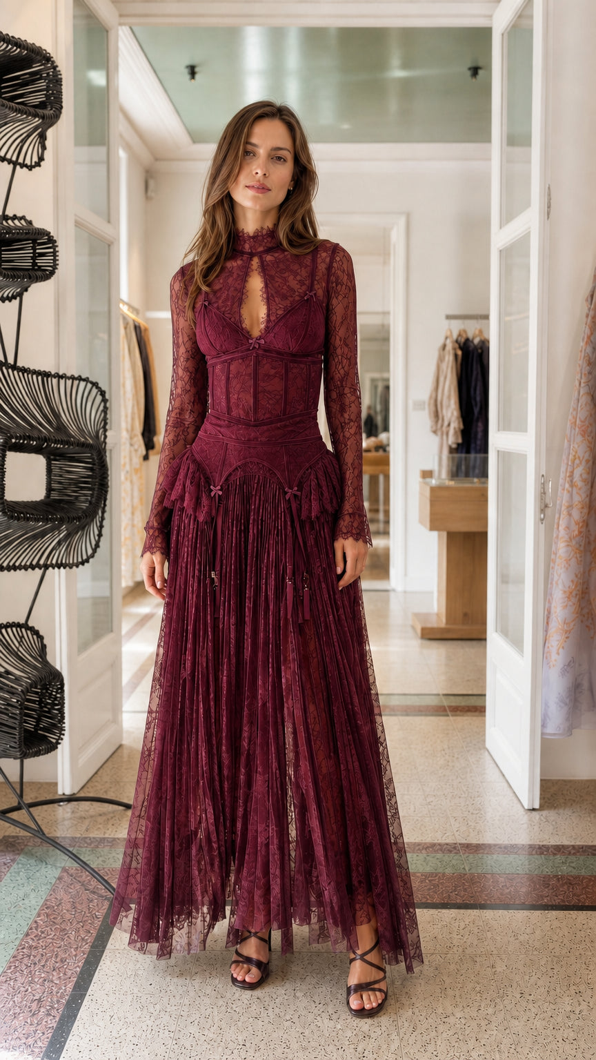 Front view of model wearing Burgundy lace maxi dress