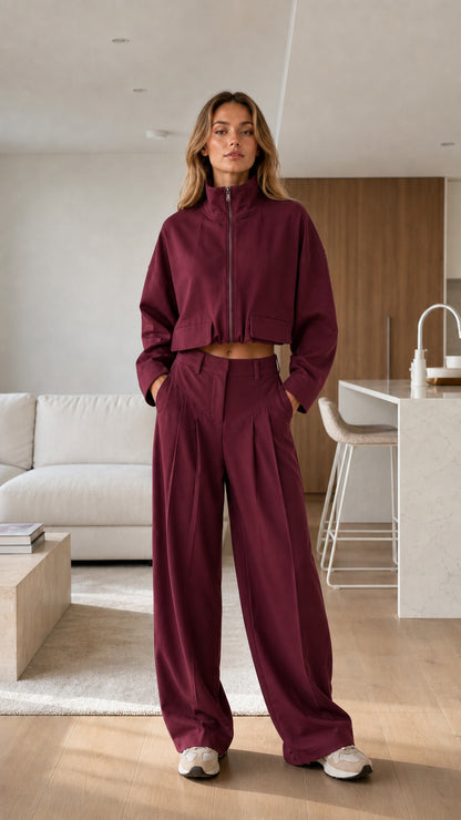 Front view of burgundy matching set