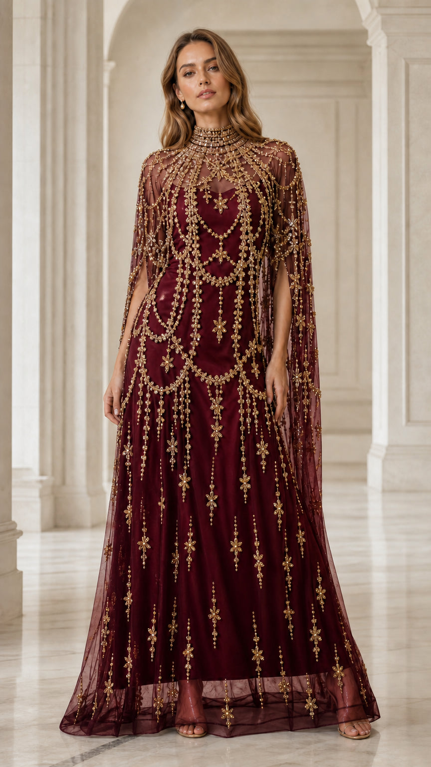 Model wearing burgundy colored beaded evening gown