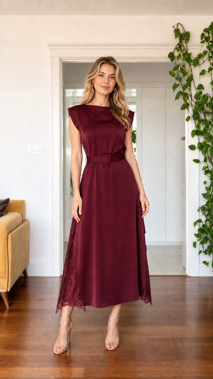 Front view of the burgundy women's lace-trim belted midi dress