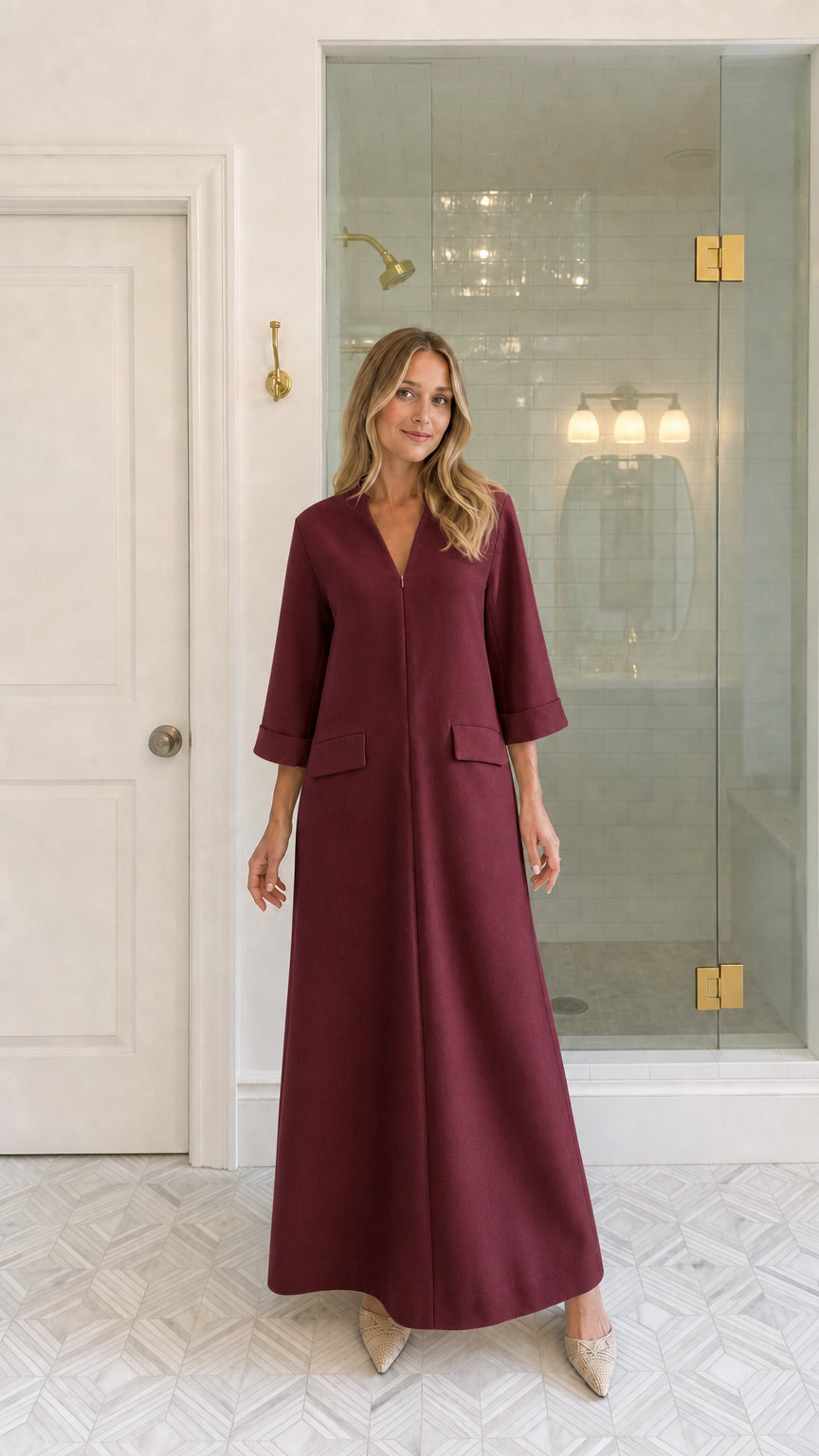 Model wearing Burgundy V-Neck Maxi Dress