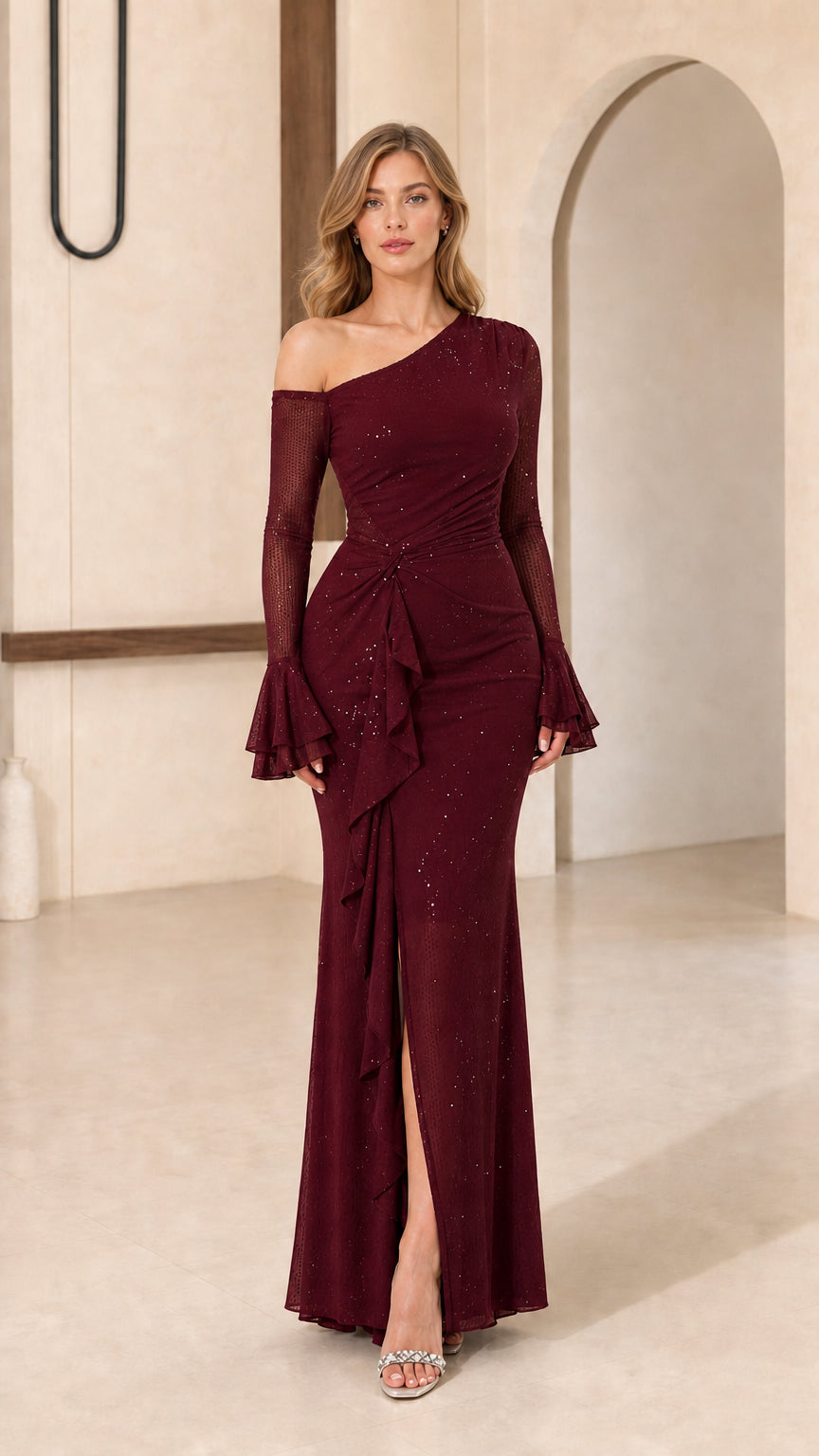 Model wearing burgundy one-shoulder evening gown