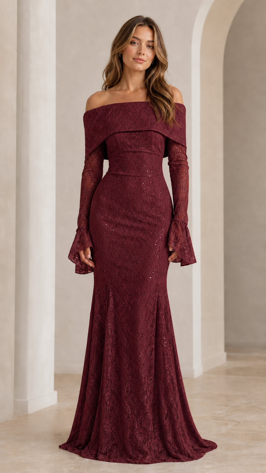 Front view of burgundy off-shoulder formal lace dress