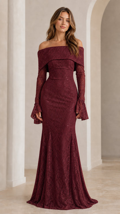 Front view of burgundy off-shoulder formal lace dress