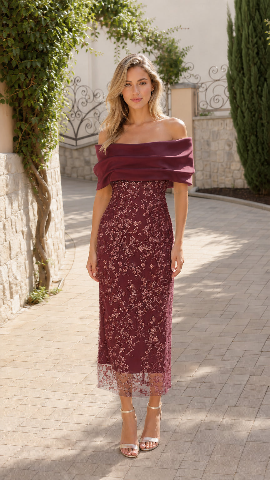 Front view of burgundy off-the-shoulder midi dress