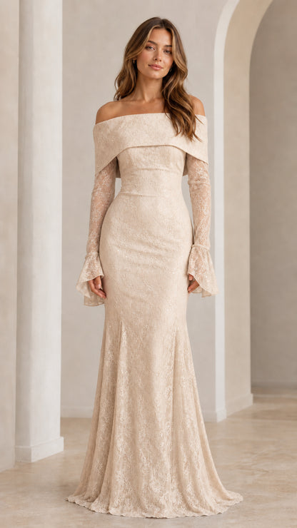 Front view of champagne off-shoulder formal lace dress