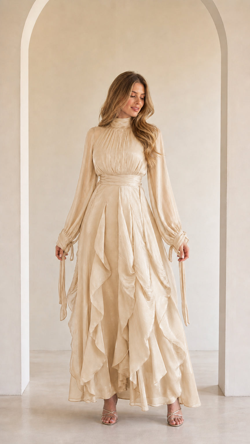 Ethereal Long-Sleeve Ruffle Maxi Dress in Champagne