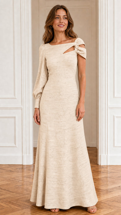 Front view of model wearing champagne neutral evening dress