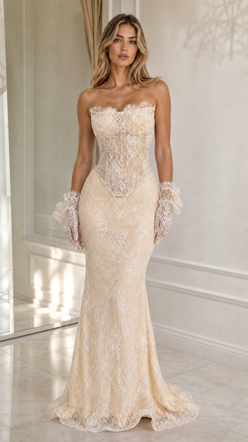 Champagne strapless lace mermaid evening gown with matching gloves