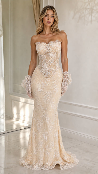 Champagne strapless lace mermaid evening gown with matching gloves