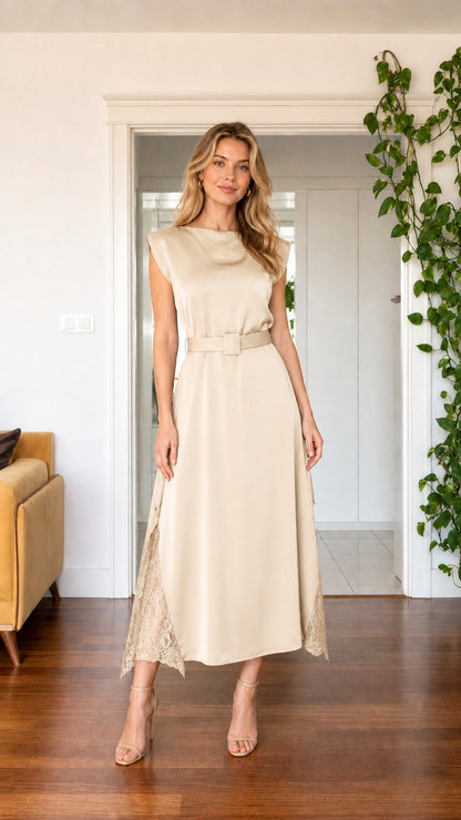 Front view of the ivory women's lace-trim belted midi dress