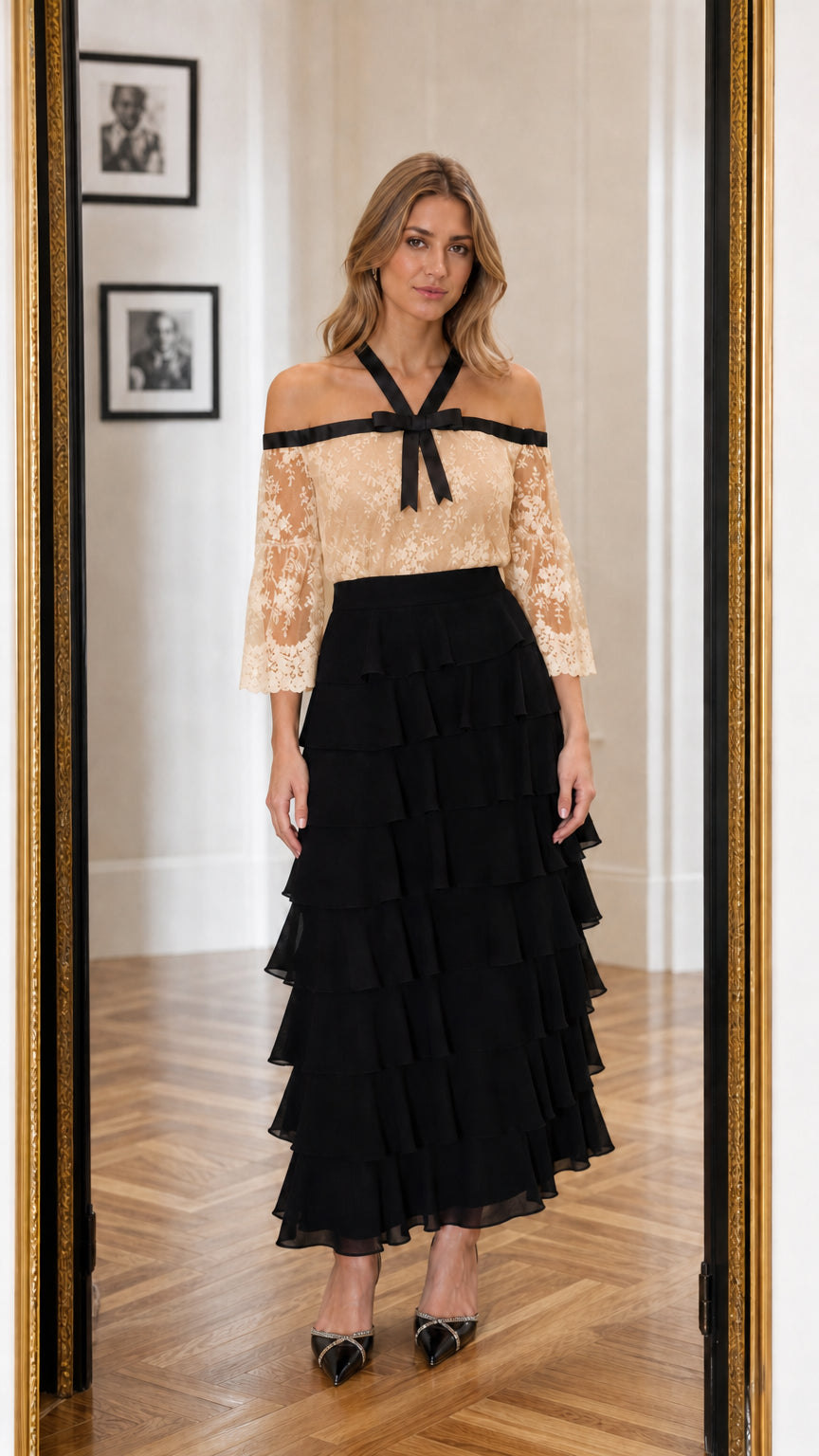 Front view of model wearing champagne and black color variant