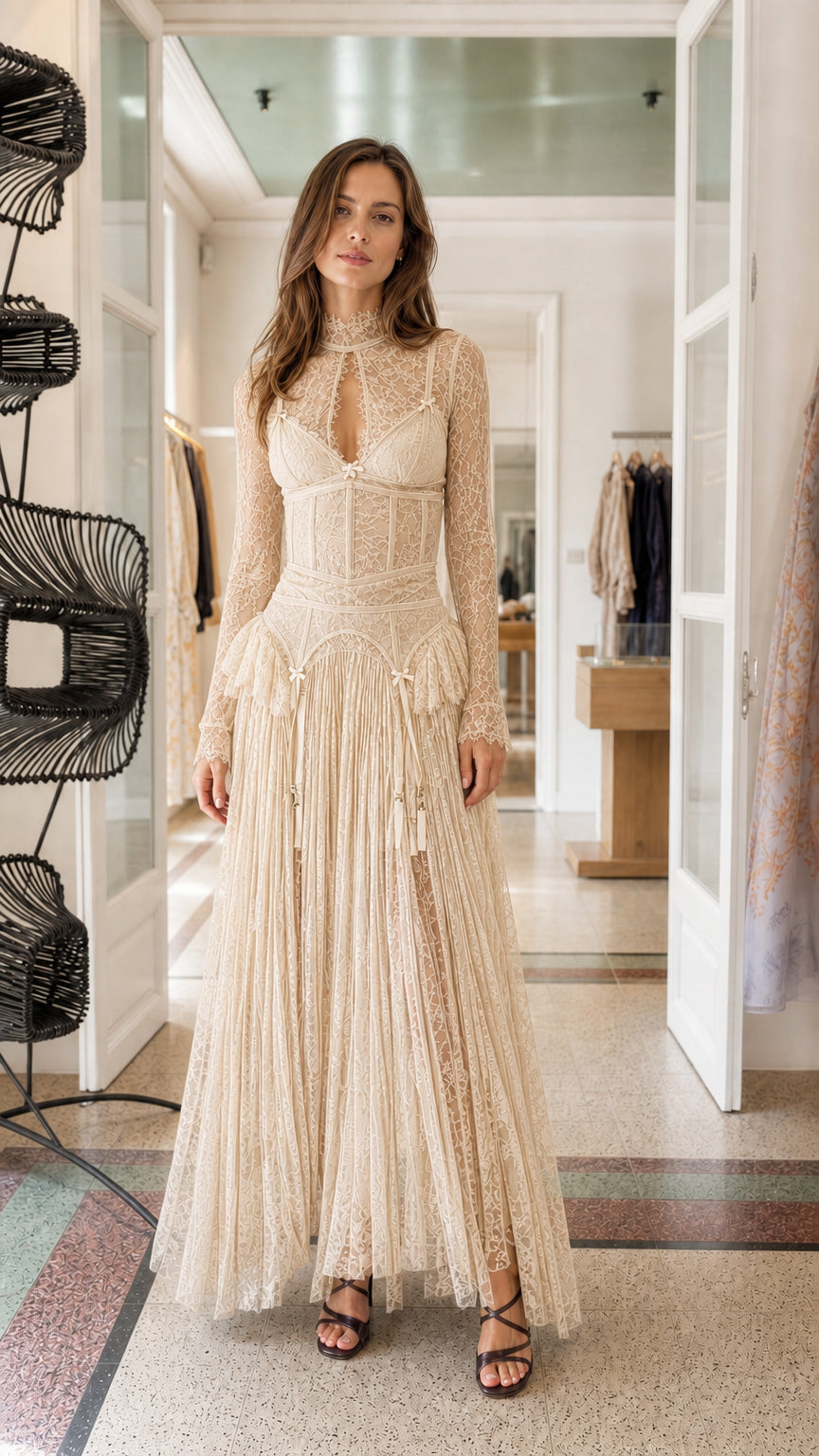Front view of model wearing Champagne lace maxi dress